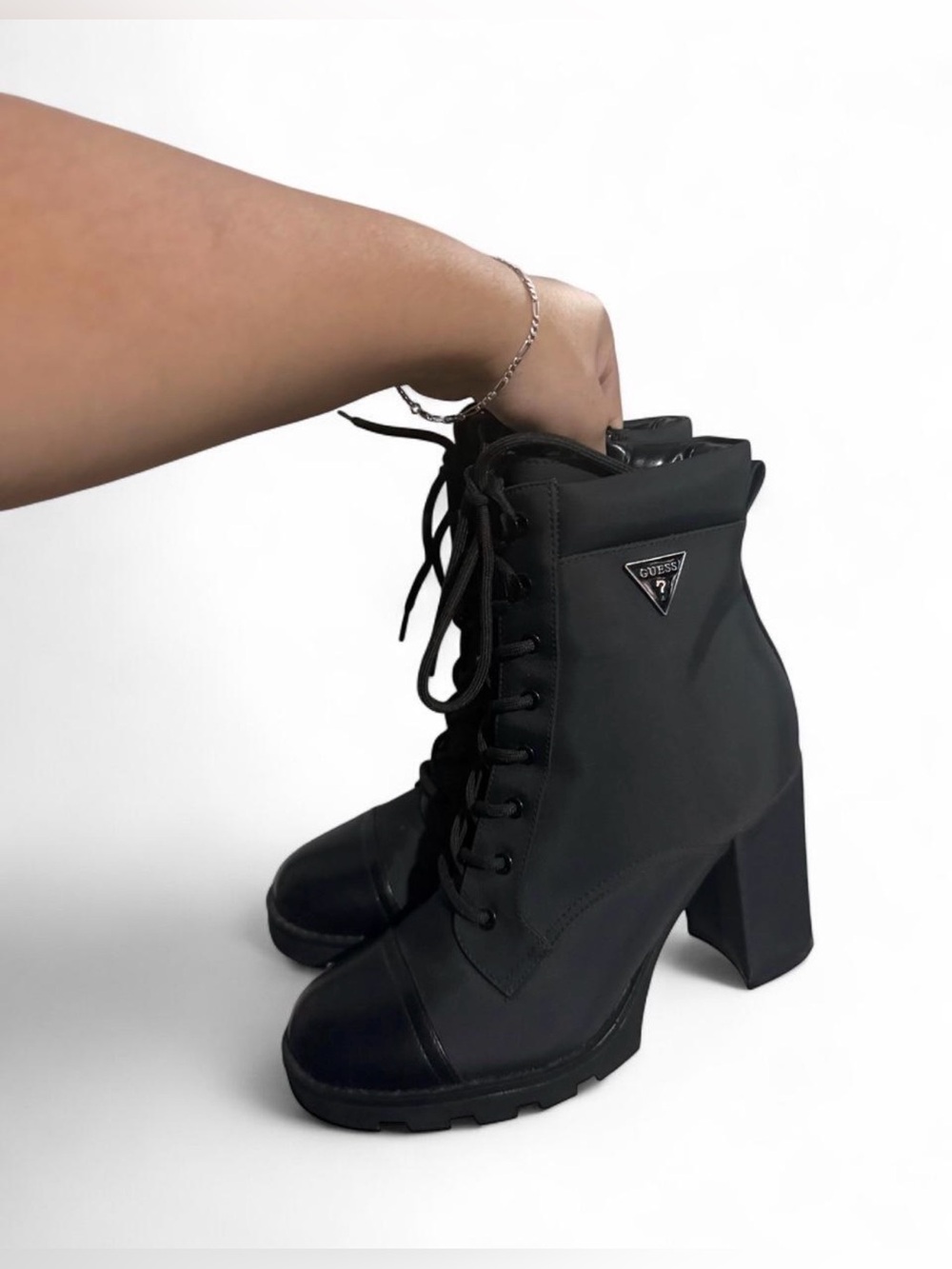 GUESS Black Lace-Up Block Heel Ankle Boots